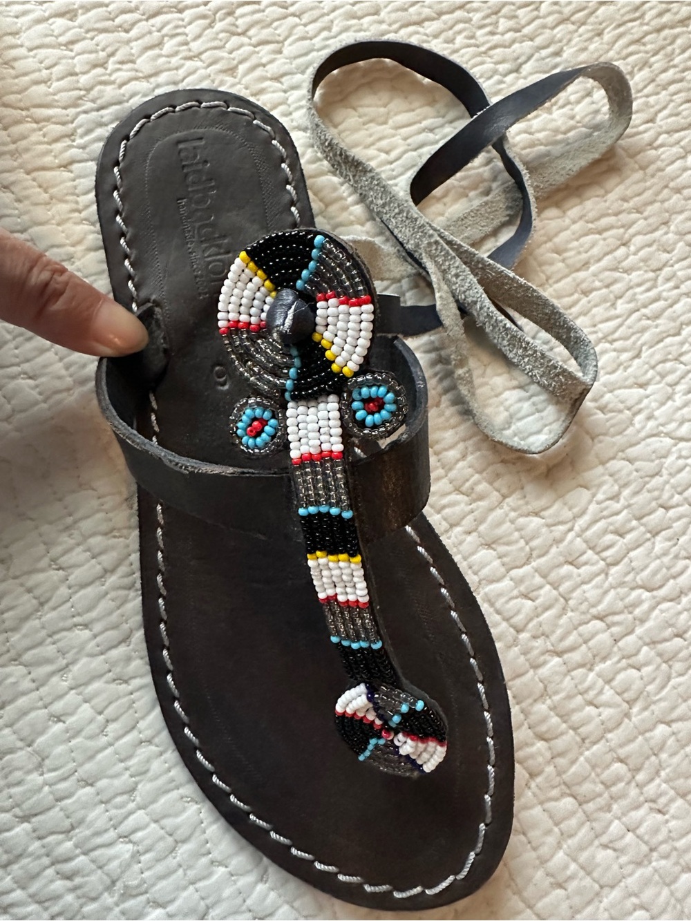 Laidback London Beaded Leather T-Strap Sandal - Black